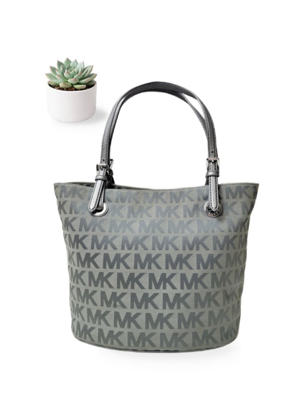 Michael Kors Jet Set Signature Jacquard Medium Tote Grey Silver Shoulder Bag